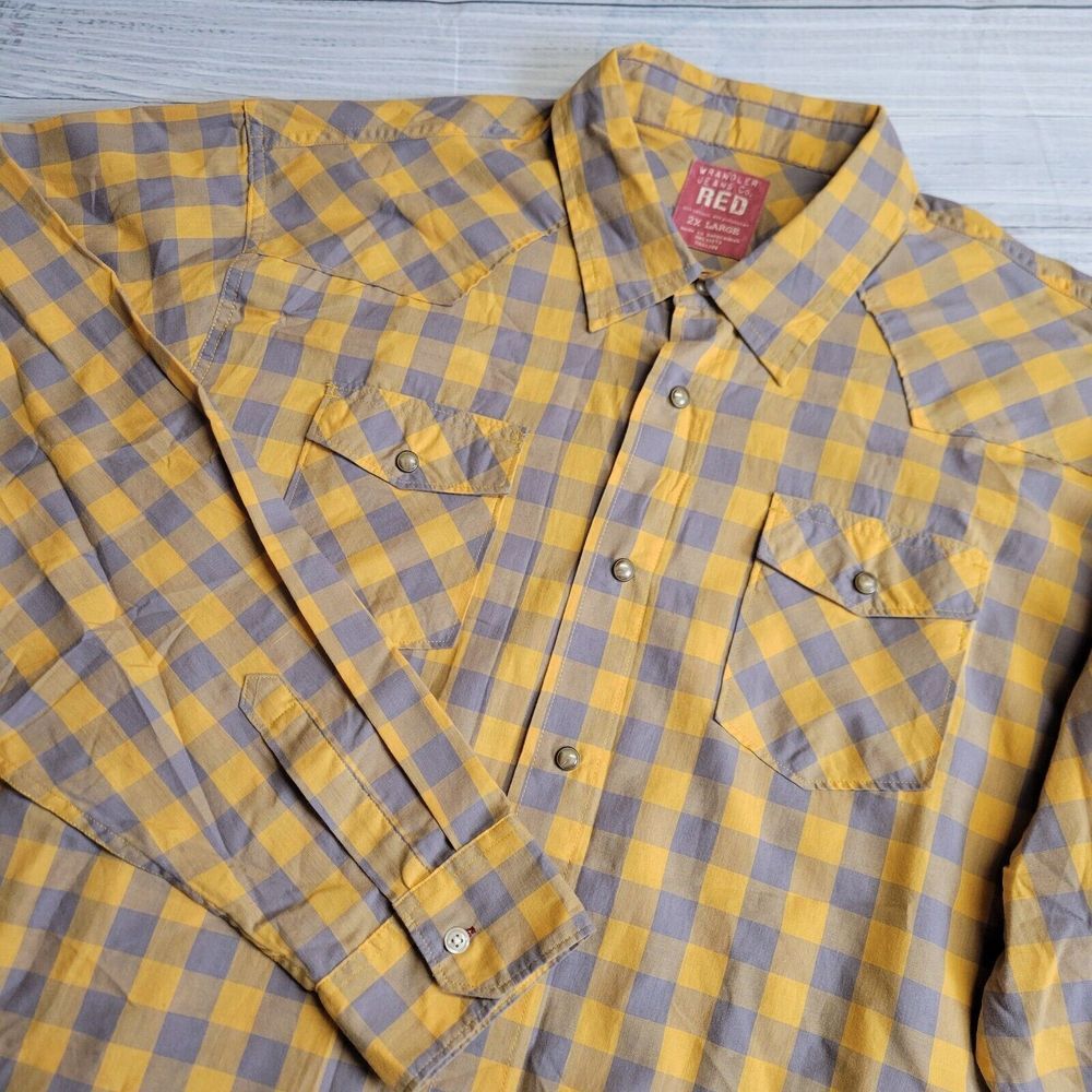 Wrangler Red Mens 2XL Pearl Snap Gold Gray Plaid‎ Shirt Long Sleeve Button Up